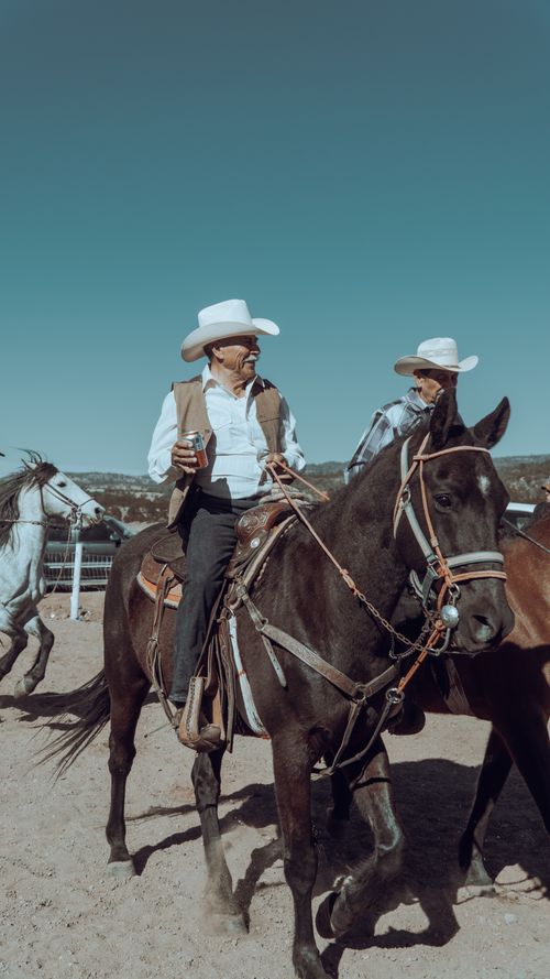 Free Two cowboys riding horses in a sunlit outdoor arena, showcasing western lifestyle. Stock Photo