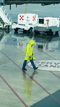 Airport ground crew member in raincoat walking across wet tarmac on a rainy day.