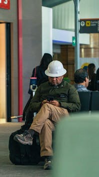 A construction worker in a hard hat using his smartphone while seated at an airport terminal.
