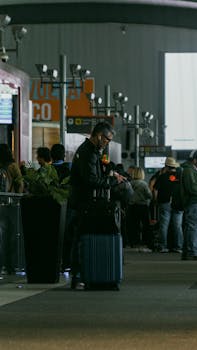 Man in an airport terminal standing with luggage at a busy gate, checking device.
