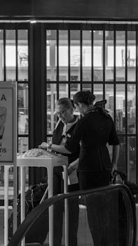 Two airline staff members working at a terminal counter, assisting passengers.