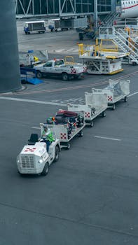 Ground crew managing luggage on tarmac with baggage carts and vehicle at airport.