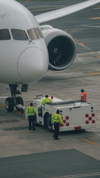 Ground crew working with airplane on the tarmac. Coordination and aviation efficiency.