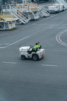 An airport worker operates a small vehicle on the tarmac, surrounded by ground support equipment.