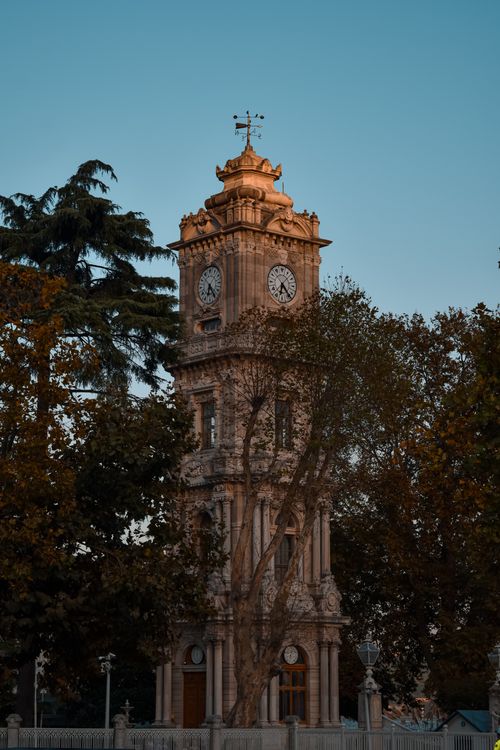 Free A striking view of the Neo-Baroque Dolmabahçe Clock Tower in Istanbul surrounded by lush trees. Stock Photo