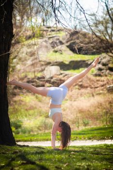 A woman performs a yoga handstand against a tree in a vibrant New York park during the day.