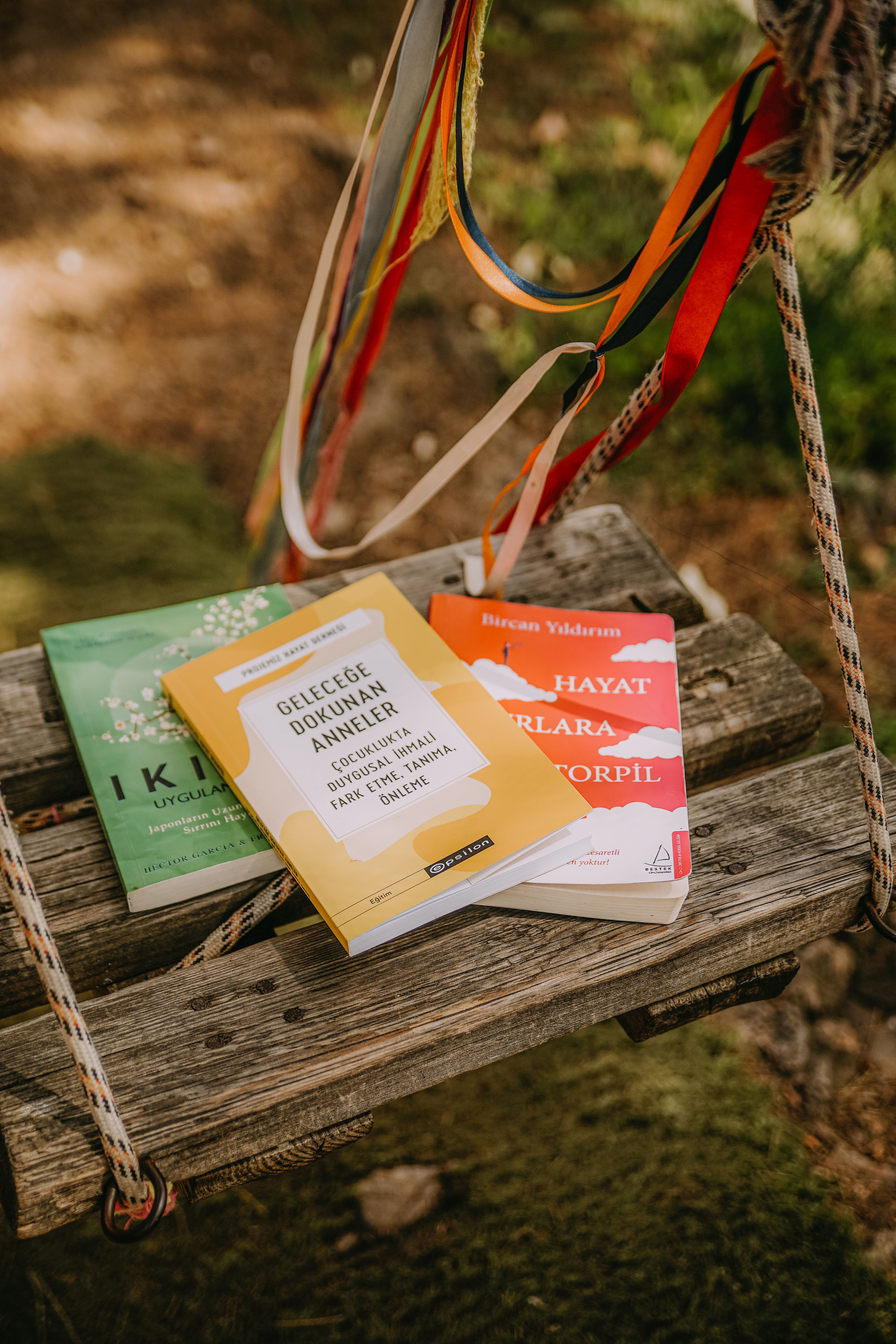 Books in Turkish on Wooden Swing · Free Stock Photo