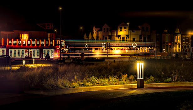 在长时间曝光下，明亮的游乐园灯光为充满活力的城市夜色增添了光彩