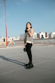 Young woman in chic attire on a sunny rooftop, showcasing modern fashion.