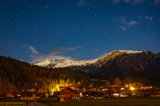 A serene view of a Swiss village under a starry night sky with snowy mountains.