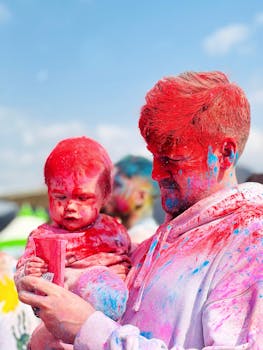 Father and child covered in vibrant colors celebrating Holi festival, showcasing joyful family moments.