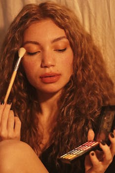 A young woman applying eyeshadow with a makeup brush from a colorful palette.