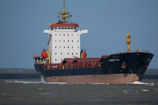 Cargo ship Annetta navigating through the open waters near Terneuzen, Netherlands.