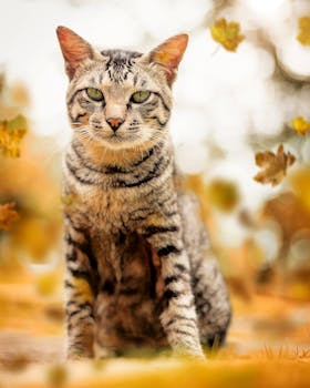 一只虎斑猫在色彩缤纷的秋叶中，肖像迷人，散发着优雅的气息