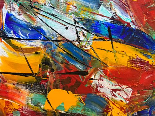 Free Energetic abstract artwork featuring bold reds, blues, and yellows on canvas. Stock Photo