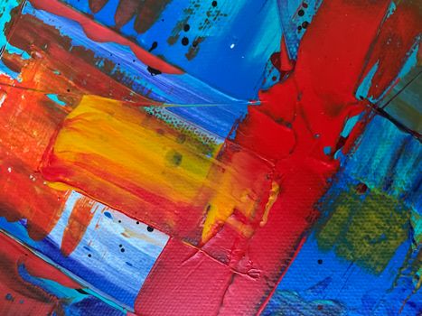 Colorful abstract painting with vibrant red, blue, and yellow brushstrokes.