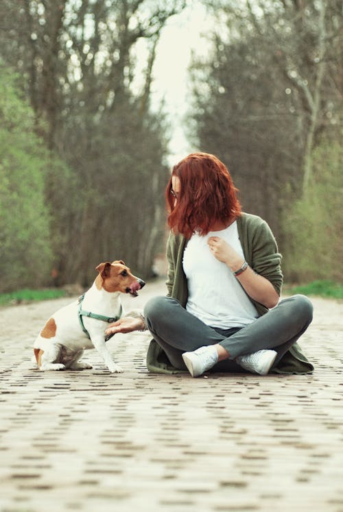 Woman Sitting with Dog on Road in Forest