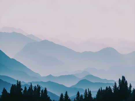 A serene panoramic view of mist-covered mountains with conifer trees in the foreground, creating a tranquil nature scene.