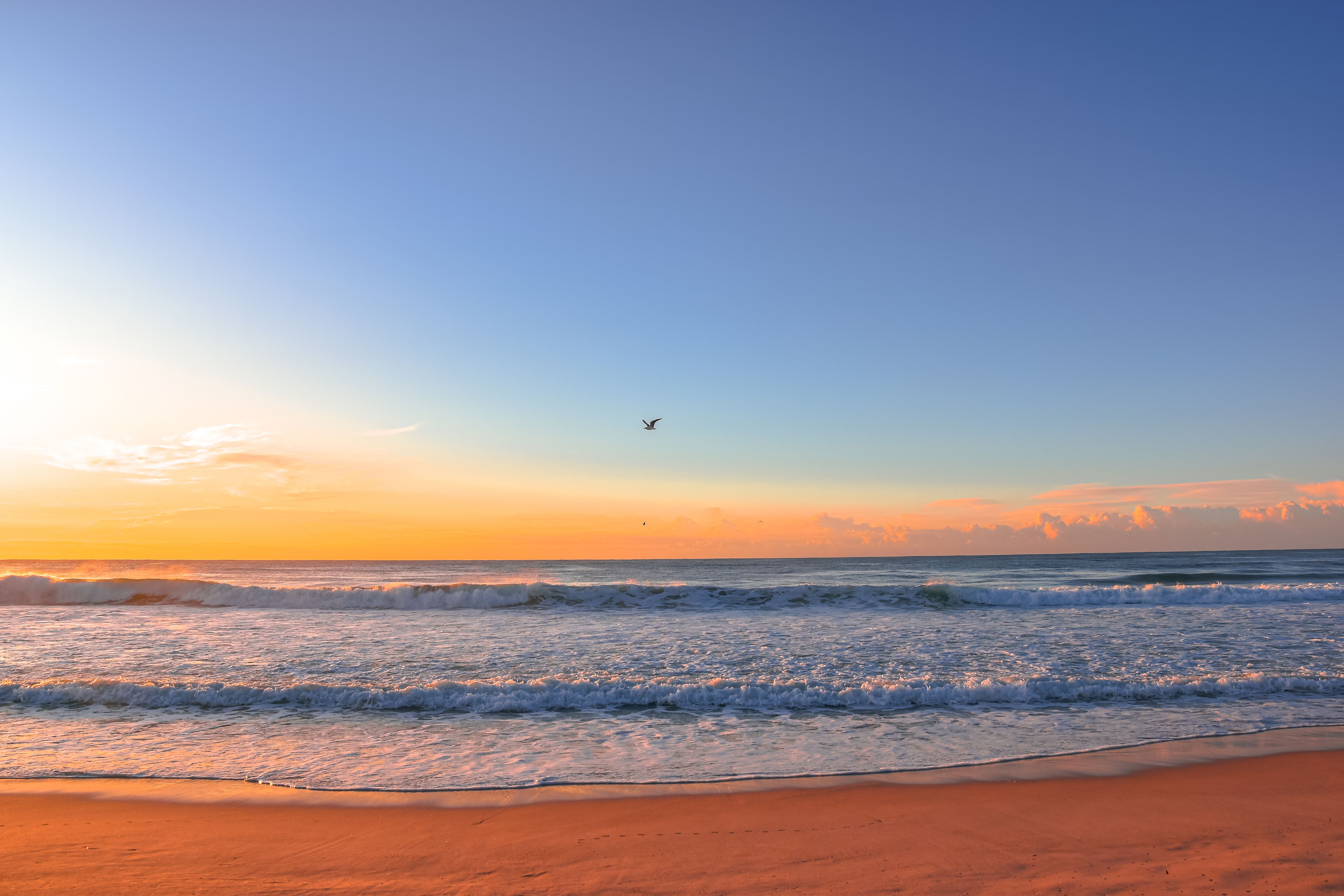 A sunset on the beach with waves and clouds free stock photo