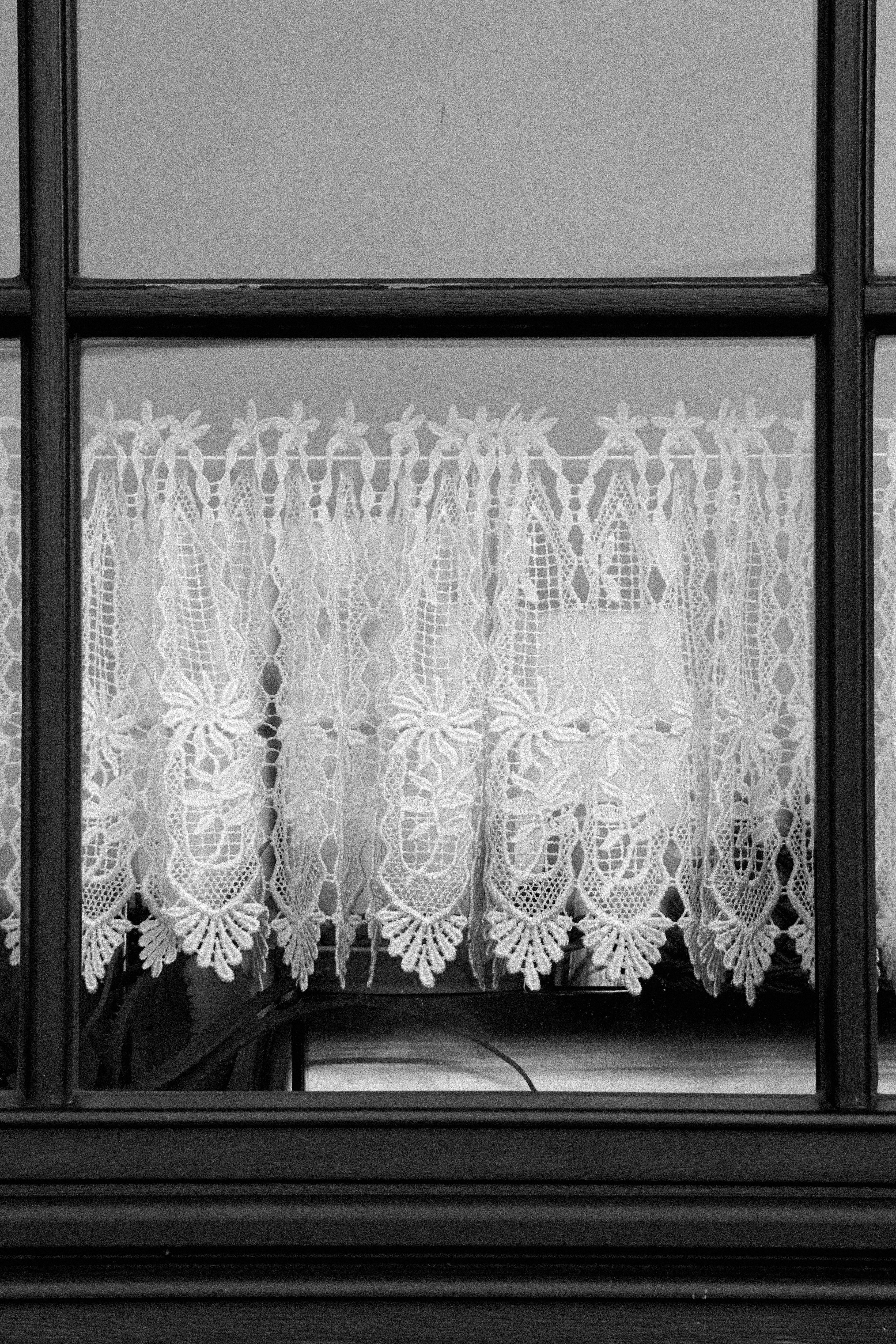 A detailed view of a window adorned with intricate lace curtains in black and white.
