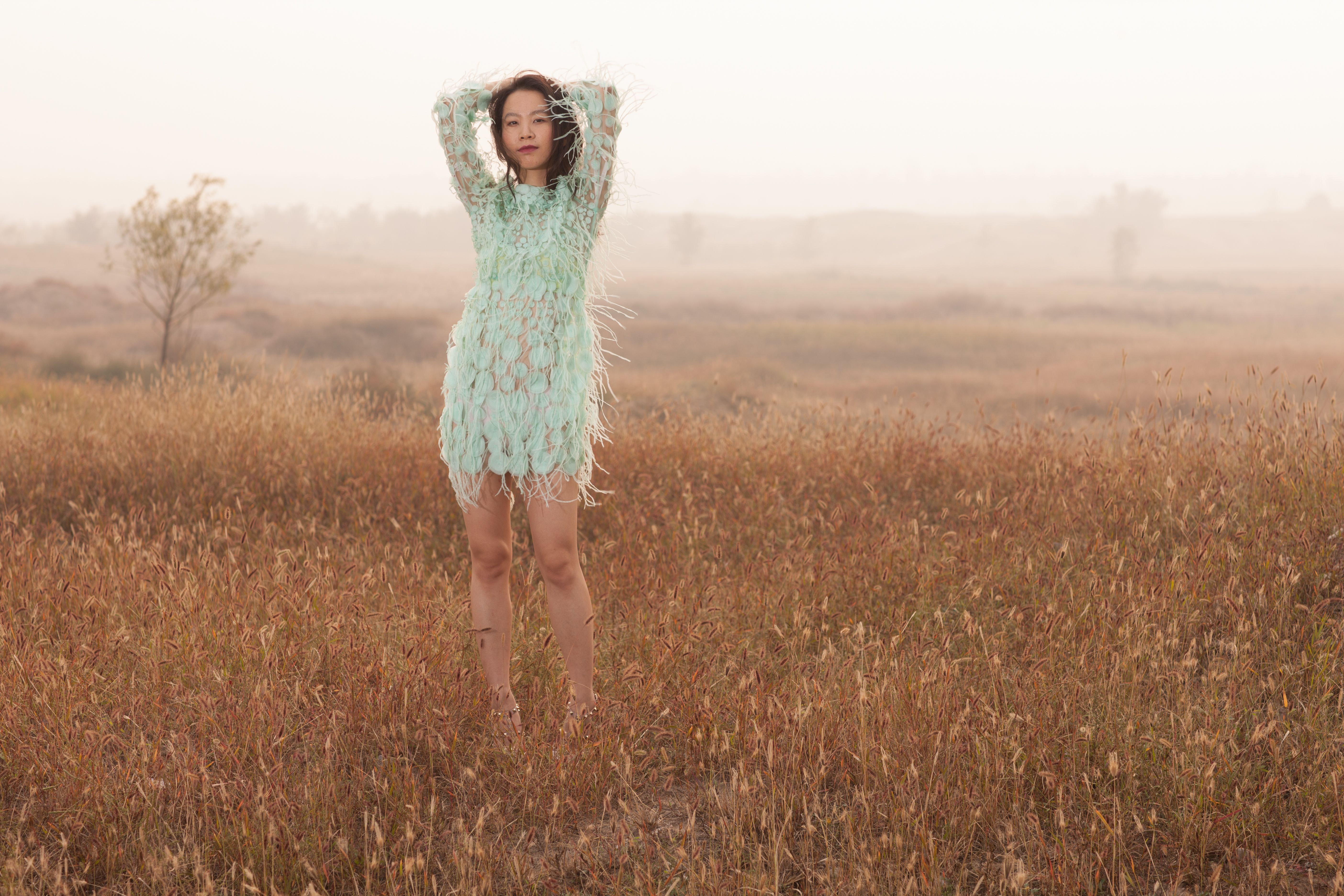 A woman in a stylish dress stands in a misty countryside field, evoking elegance and nature.