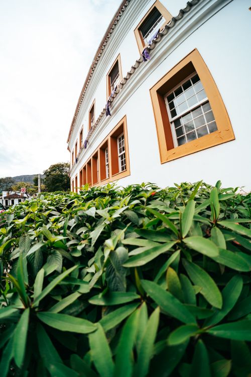 Free Charming colonial building with green foliage in Tiradentes, Brazil, showcasing vibrant colors and heritage architecture. Stock Photo