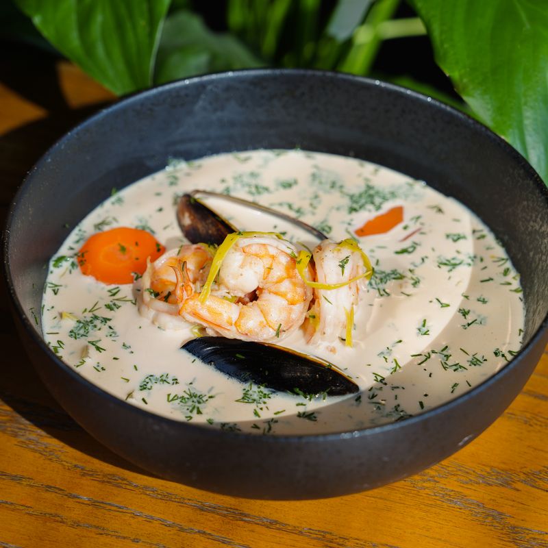 Creamy Salmon Chowder with Leeks, Corn and Dill