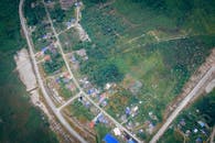 农村地区的无人机航拍景观中，有道路、房屋和绿地