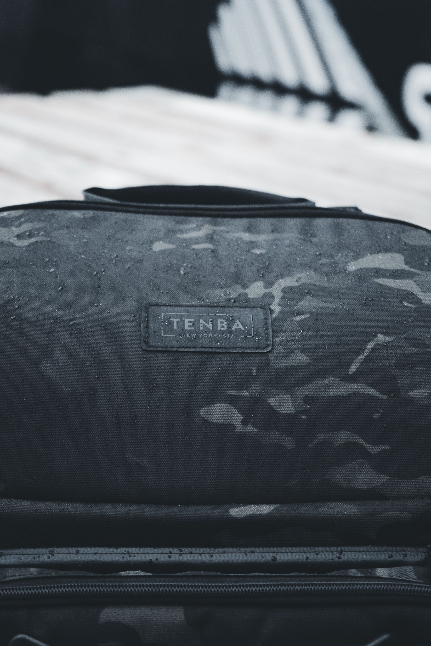 Water droplets resting on rugged outdoor fabric