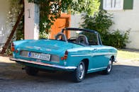 一辆经典的绿松石雷诺敞篷车停在阳光明媚的花园里