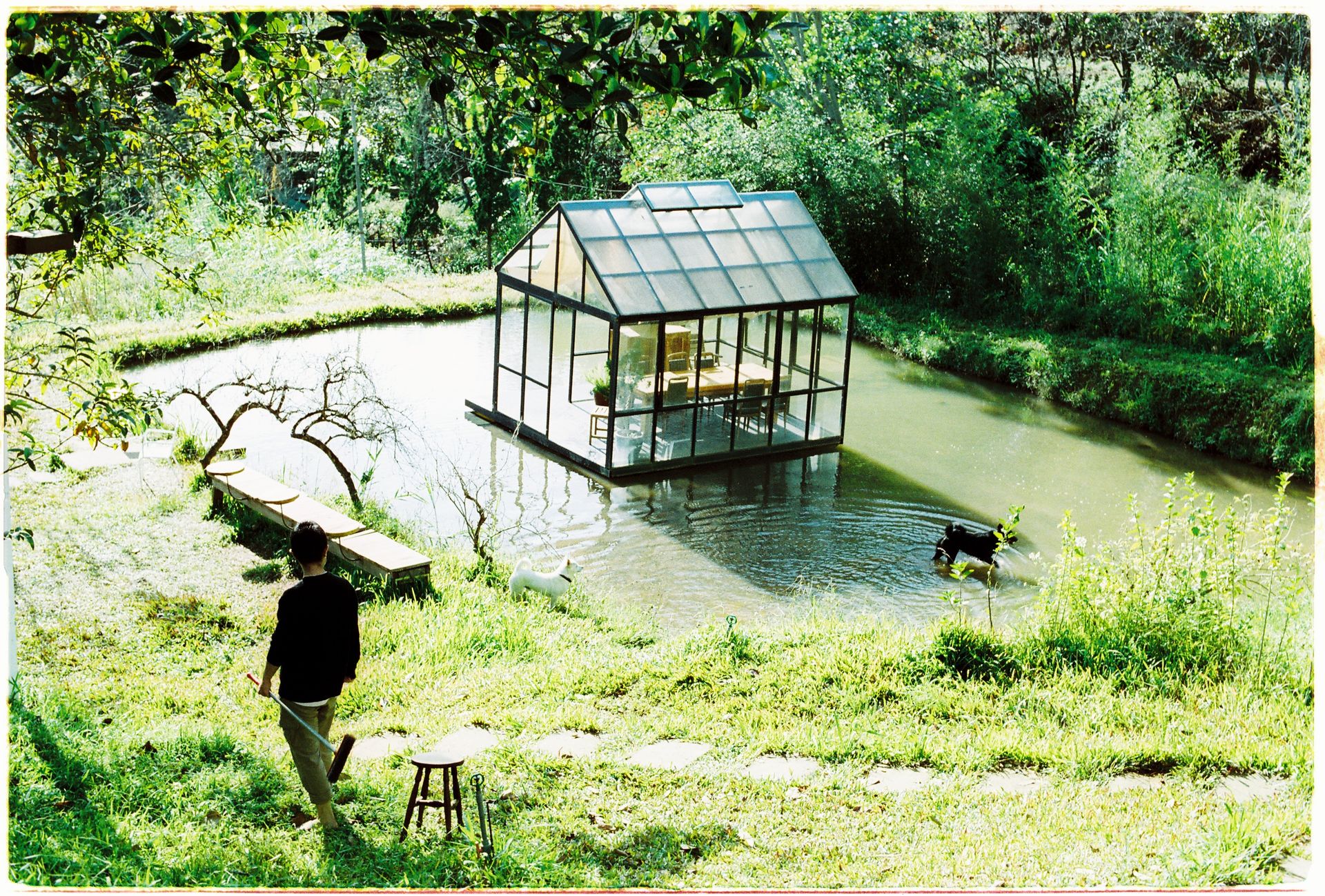 A tranquil scene with a glass house on a pond surrounded by lush green garden, capturing peaceful allure.