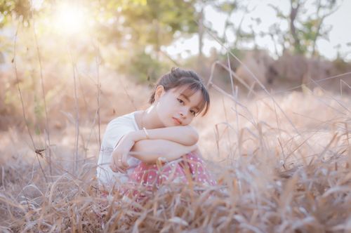 Free Young girl sitting in a sunlit field during a serene summer day. Stock Photo