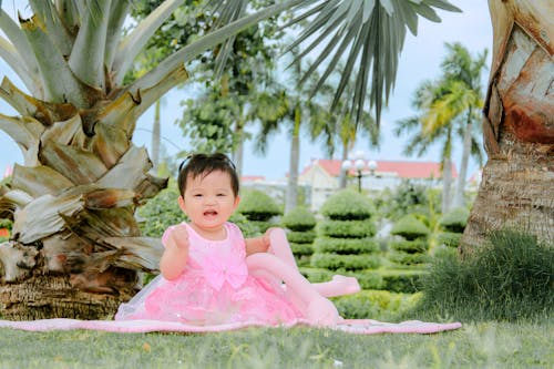 A Little Girl in a Pink Dress Sitting in the Garden 