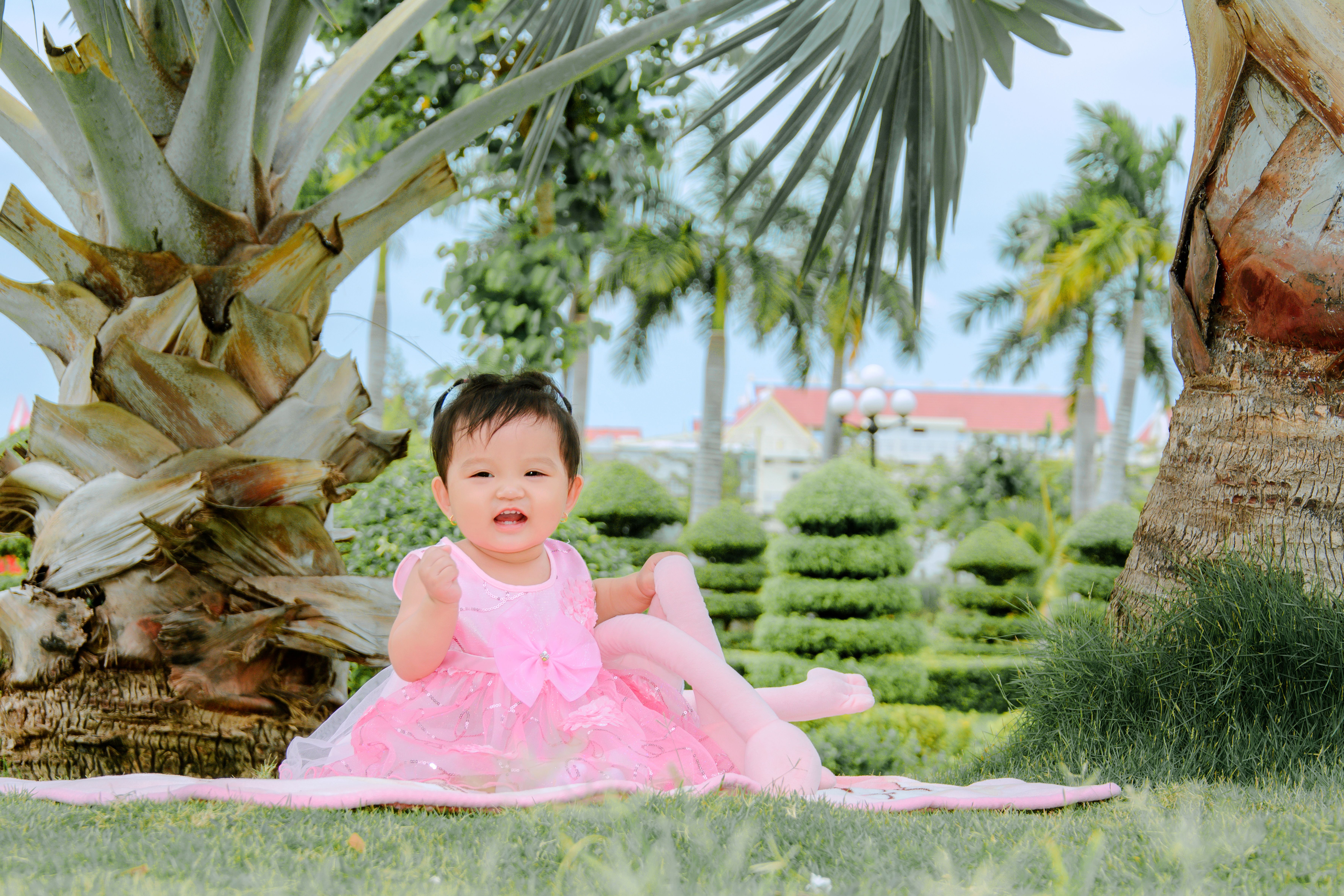 A Little Girl in a Pink Dress Sitting in the Garden · Free Stock Photo