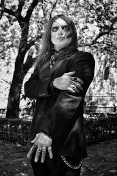 A man with face paint and long hair in a suit poses with rings in a park, evoking a spooky fashion theme.