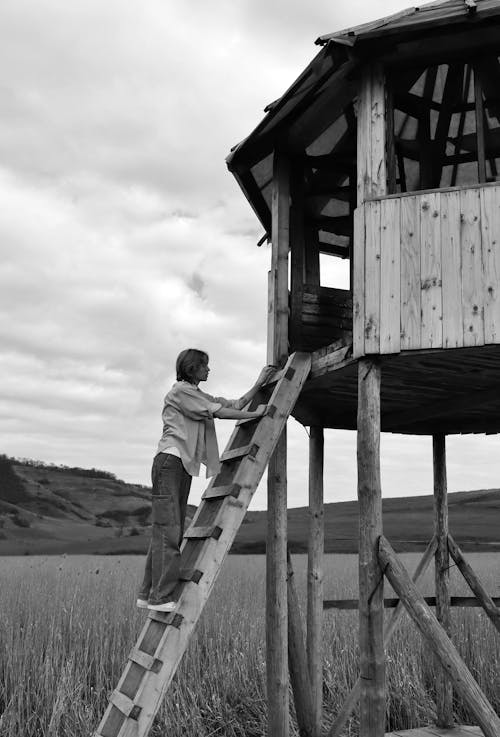 Person on Ladder on Wooden Construction on Field