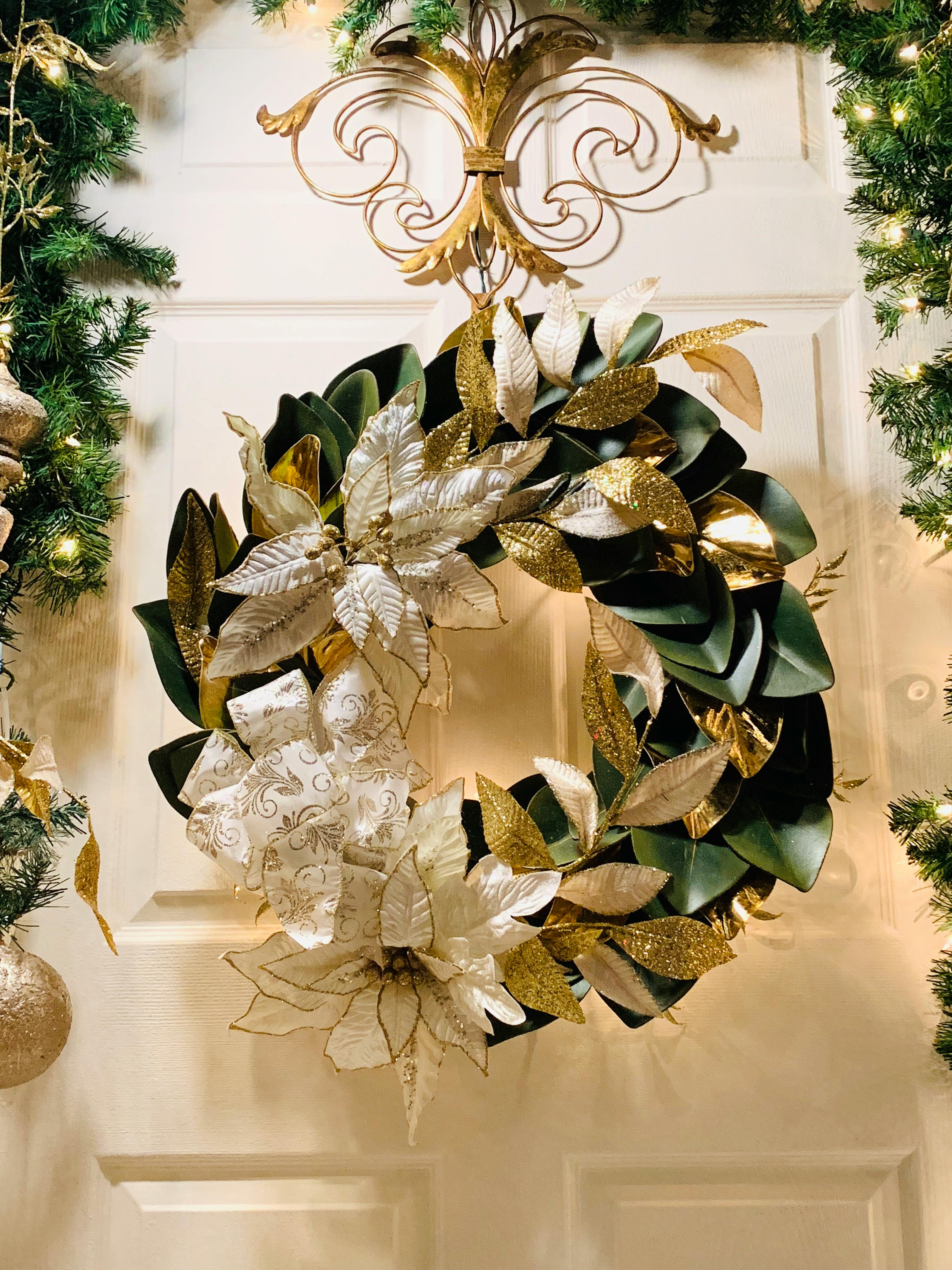 white and green leave wreath