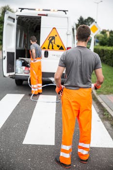 Two road workers in orange uniforms working beside a van at a crosswalk.