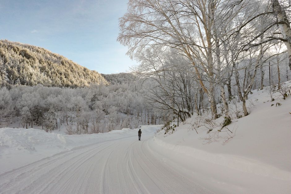 Winter path with unrecognizable person walking in the middle of road and mountains with forest covered with snow on background