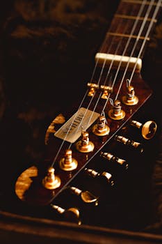 Detailed view of an electric guitar headstock showing gold tuners and strings.