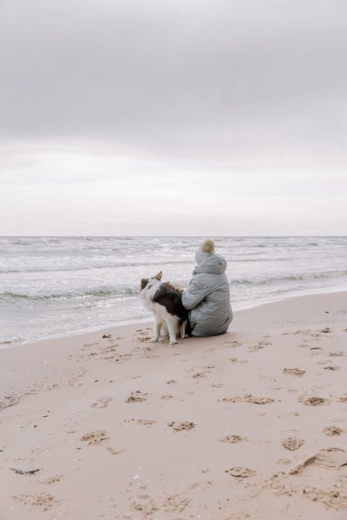 Woman in Jacket Sitting with Dog on Beach