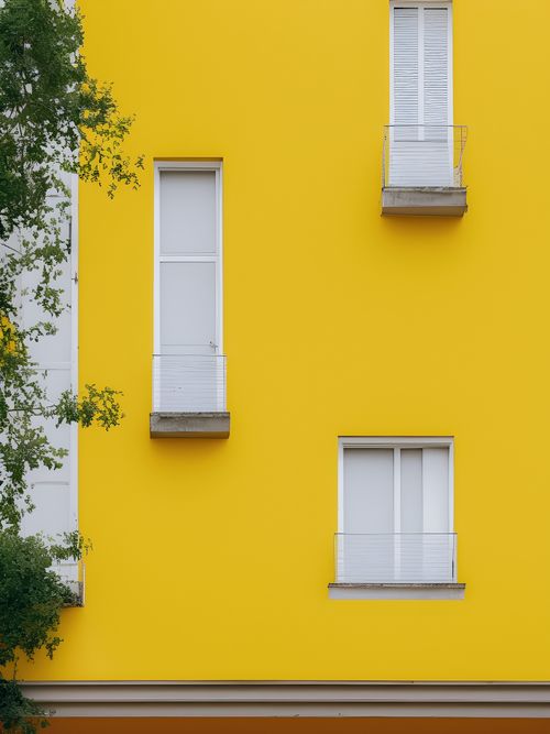 Free Photo of a vibrant yellow wall featuring modern windows and green foliage. Stock Photo