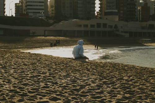 Foto d'estoc gratuïta de amb caputxa, assegut, capvespre