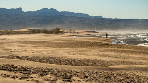 Free A lone person walks along a deserted beach with distant hills under a sunny sky. Stock Photo