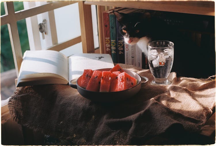 A Book, A Plate With Watermelon And A Glass Of Water