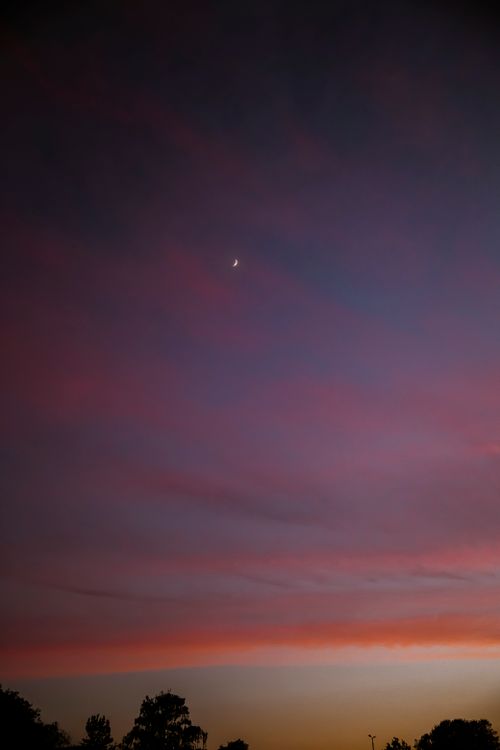 Free Crescent moon silhouetted against a vibrant twilight sky with hues of pink and purple. Stock Photo