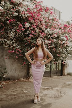 Elegant woman in pink dress posing confidently by blooming flowers.