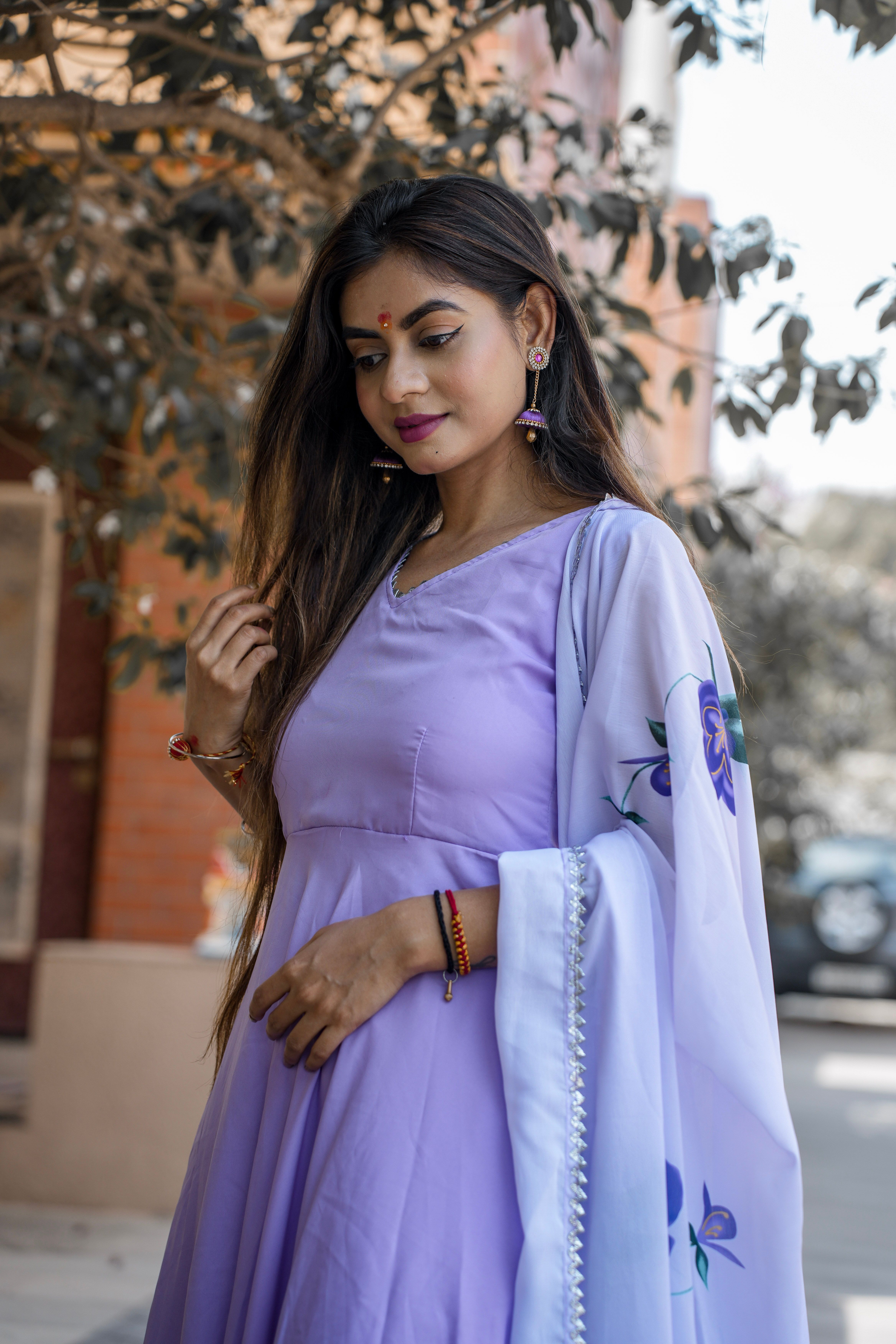 Women's Purple Solid Ethnic Gown Dress with Belt