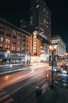 Vibrant city street at night in Chicago, featuring the iconic marquee and bustling traffic.