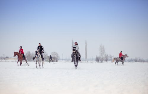 People Horseback Riding on a Snowy Field